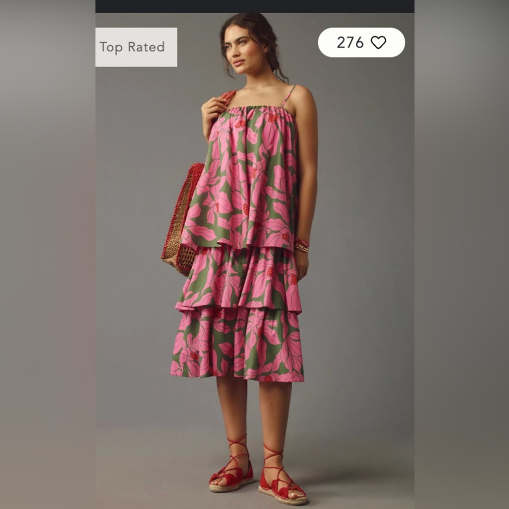 Anthropologie Corey Lynn Calter Pink Floral Tiered Midi Dress Tie Shoulder Large - Picture 1 of 7